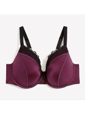 Deesse Underwire Padded Push-Up Plunge Satin Bra Purple Black Lace Size 40DDD